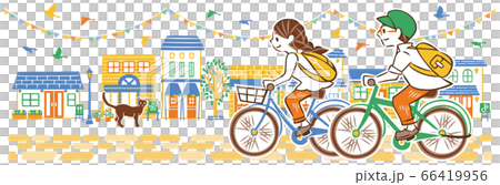 男女在夏季城市景觀中騎自行車 男女在夏季城市景觀中騎自行車 66419956