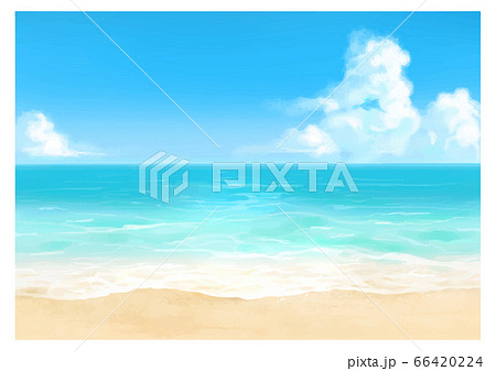 昼間 水彩風の砂浜と海の背景イラストのイラスト素材
