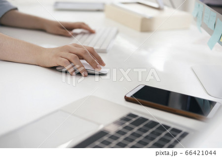 Closeup woman using computer mouse with computer 66421044