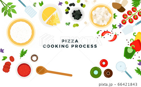 Pizza cooking process vector flat illustrations. Products and tools for pizza cooking with space for text. Pizza cooking process vector flat illustrations. Products and tools for pizza cooking with space for text. 66421843