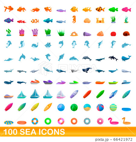 100 sea icons set, cartoon style 66421972
