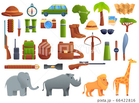 Safari equipment icons set, cartoon style Safari equipment icons set, cartoon style 66422816