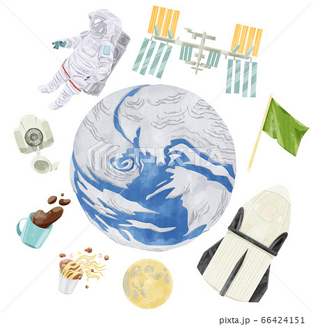 地球の周りを漂う宇宙飛行士とロケット 66424151