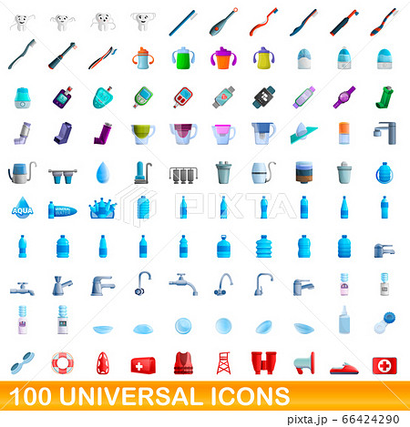 100 universal icons set, cartoon style 100 universal icons set, cartoon style 66424290