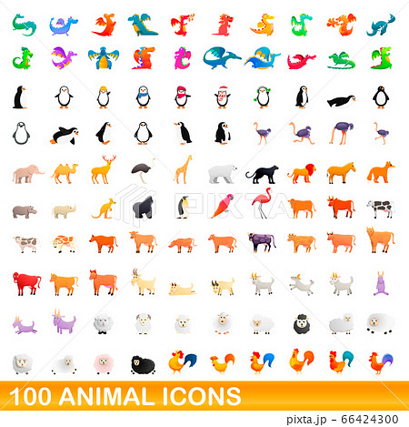 100 animal icons set, cartoon style 100 animal icons set, cartoon style 66424300