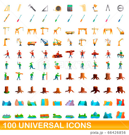 100 universal icons set, cartoon style 66426856