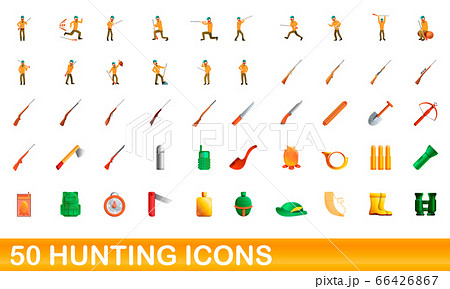 50 hunting icons set, cartoon style 66426867