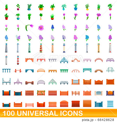 100 universal icons set, cartoon style 66428628