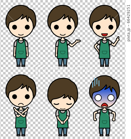 アイコン風人物 エプロン姿の若い男性の様々なポーズのイラスト素材