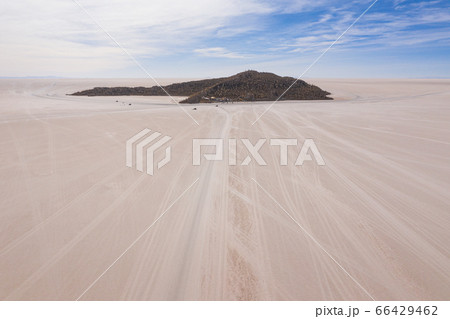 Aerial sun rise shot at Incahuasi Island on Uyuni salar. Bolivia. 66429462
