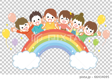 虹と元気な子供たちのイラストのイラスト素材