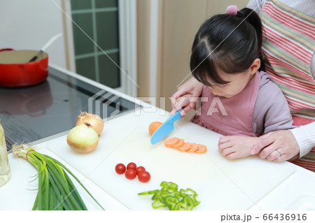 子供に包丁の使い方を教えて料理をする親子 子供に包丁の使い方を教えて料理をする親子 66436916