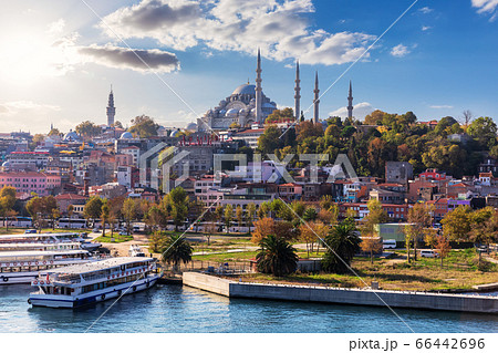 Istanbul view of the Eminonu pier, the Suleymaniye mosque and the Fatih district, Turkey 66442696