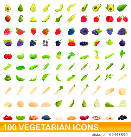 100 vegetarian icons set, cartoon style 66443390
