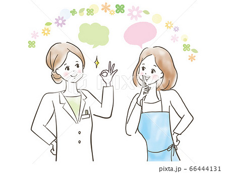 白衣を着た女性医師に相談する笑顔の若い女性/パステル画 白衣を着た女性医師に相談する笑顔の若い女性/パステル画 66444131