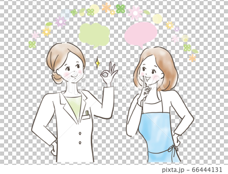 白衣を着た女性医師に相談する笑顔の若い女性/パステル画 白衣を着た女性医師に相談する笑顔の若い女性/パステル画 66444131