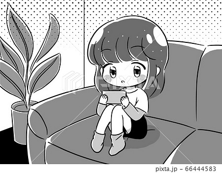 リビングでスマホゲームをする子供のイラストのイラスト素材
