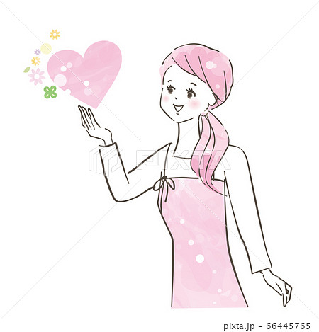 綺麗なハートを見つめる若い笑顔の女性 幻想的花の背景 パステル画 手描きイラストのイラスト素材