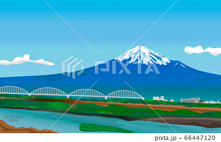 富士山と川のイラスト素材