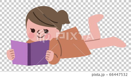 寝そべって本を読む女の子のイラスト素材