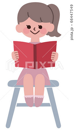 椅子に座って赤い本を読んでいる女の子のイラスト素材