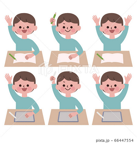 ノートとタブレット端末で学習する男の子セットのイラスト素材