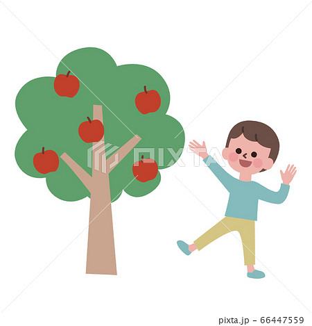 りんごがなった木を見て喜ぶ男の子のイラスト素材