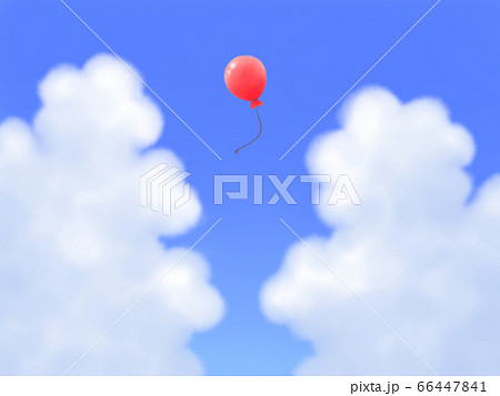 赤い風船が飛ぶ、モクモク雲のある青空・横長 66447841