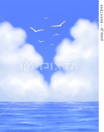 カモメが飛ぶ、モクモク雲のある青空と海・縦長 66447844