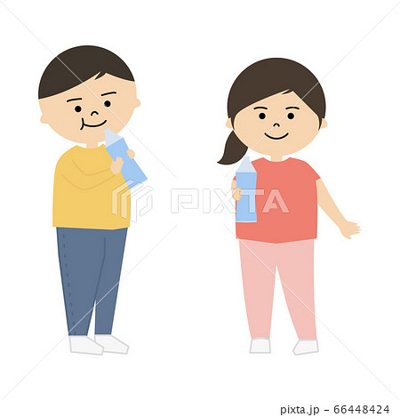 水分補給をする男の子と女の子のイラスト 全身 のイラスト素材