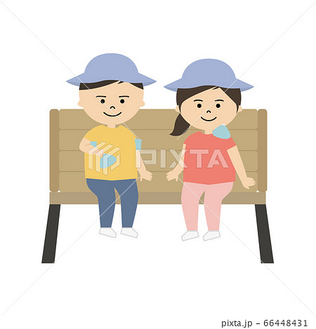 椅子に座って体を冷やしている男の子と女の子のイラストのイラスト素材