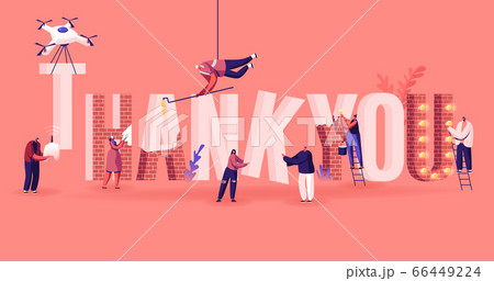 Thanks Concept. Male and Female Characters Set Up, Painting and Decorate Huge Word Thank You Made of Red Bricks 66449224