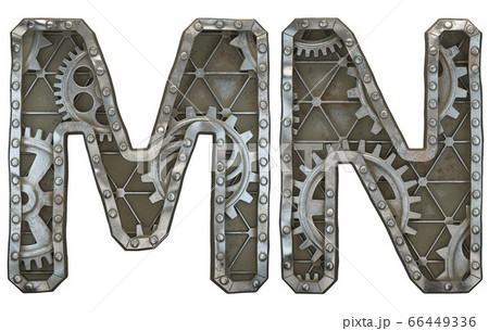 Set of mechanical alphabet made from rivet metal with gears on white background. Letters M and N. 3D 66449336