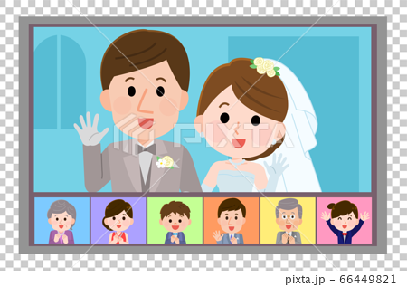 オンライン結婚式 新郎新婦と親戚の画面 イラストのイラスト素材