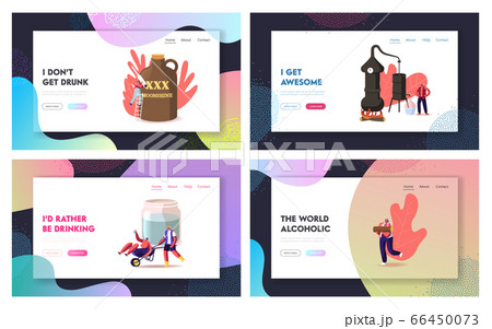 Tiny Characters Make Moonshine at Home Landing Page Template Set. Accessories for Homemade Alcohol Production 66450073