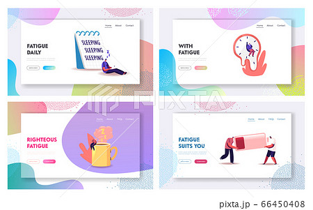 Fatigue Landing Page Template Set. Tiny Exhausted Characters at Huge Coffee Cup, Liquid Watches 66450408
