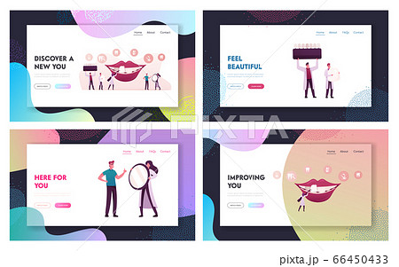 Aesthetic Stomatology Service Landing Page Template Set. Tiny Dentist Doctor Characters in Medical Cabinet 66450433
