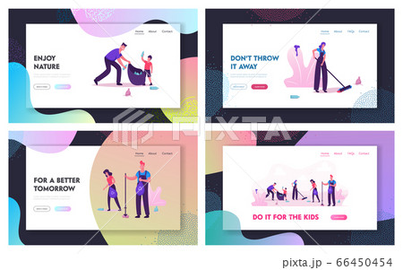 Volunteering Charity, Trash Collection Website Landing Page Set. People in Working Overalls Cleaning Garbage and Litter to Bags. Ecology Protection Web Page Banner. Cartoon Flat Vector Illustration 66450454