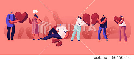Lovers in End of Loving Relations Concept. Young Man and Woman Pull Apart Broken Heart Parts Blaming Each Other 66450510