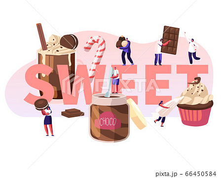 People Eating Sweet Food Concept. Tiny Male and Female Characters among Huge Chocolate Dessert Dishes Pastry Cupcake Candy People Eating Sweet Food Concept. Tiny Male and Female Characters among Huge Chocolate Dessert Dishes Pastry Cupcake Candy 66450584