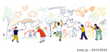 Kids Characters of Different Nationalities Painting and Drawing with Chalk Pencils on White Wall 66450683
