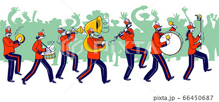 Military Orchestra Characters Wearing Festive Red Uniform and Hats with Plumage Playing Trombone 66450687