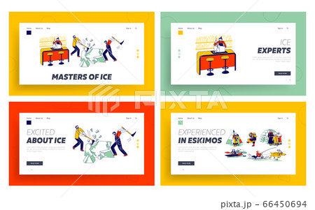 Eskimos Characters Life, Breaking Ice Landing Page Template Set. Bartender Splits Iced Block for Cocktails 66450694
