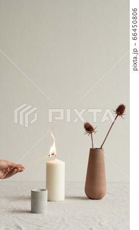 Young female hand burning aromatic candle between vase with plant and glass Young female hand burning aromatic candle between vase with plant and glass 66450806