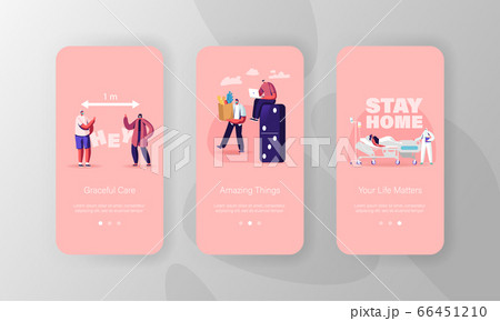 Social Distance Mobile App Page Onboard Screen Template. Tiny People Characters Protecting from Virus Pathogens 66451210