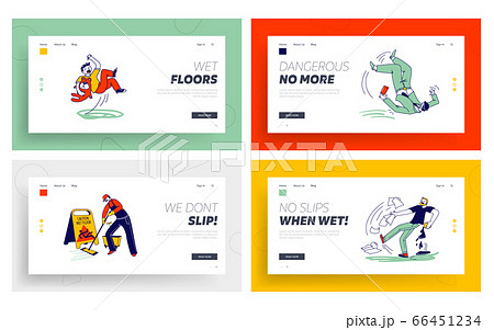 Wet Floor Caution Landing Page Template Set. People Get Trauma, Injure. Characters Slipping 66451234