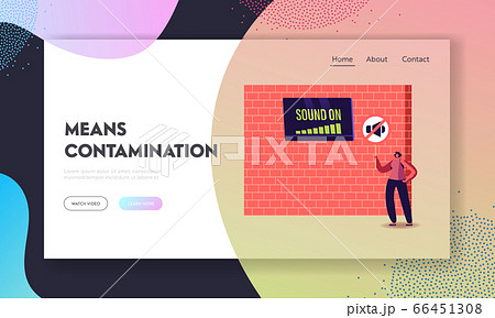 Big City Dweller Hearing Loud Sounds Landing Page Template. Female Character Stand at Wall with Tv on Sound On 66451308
