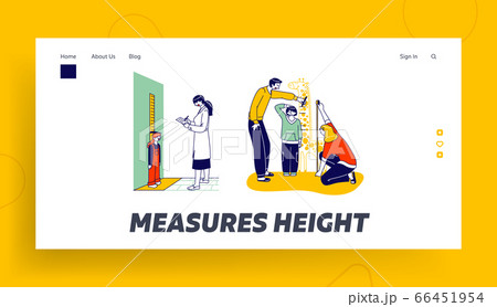 Child Height Measuring Landing Page Template. .Doctor Character Writing in Notebook, Little Girl Stand at Wall 66451954