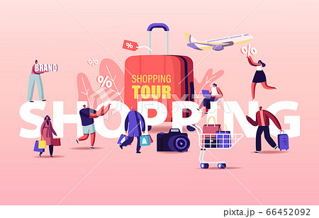 Shopping Tour Concept. Buyers Characters Seasonal Sale. Cheerful Shopaholic People with Trolley Full of Purchases 66452092
