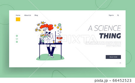 Mad Scientist Landing Page Template. Character with Beakers Conduct Experiments in Laboratory. Evil Personage 66452523